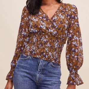 ASTR the Label Long Sleeve Smocked Waist Surplice Top in Brown Blue Floral